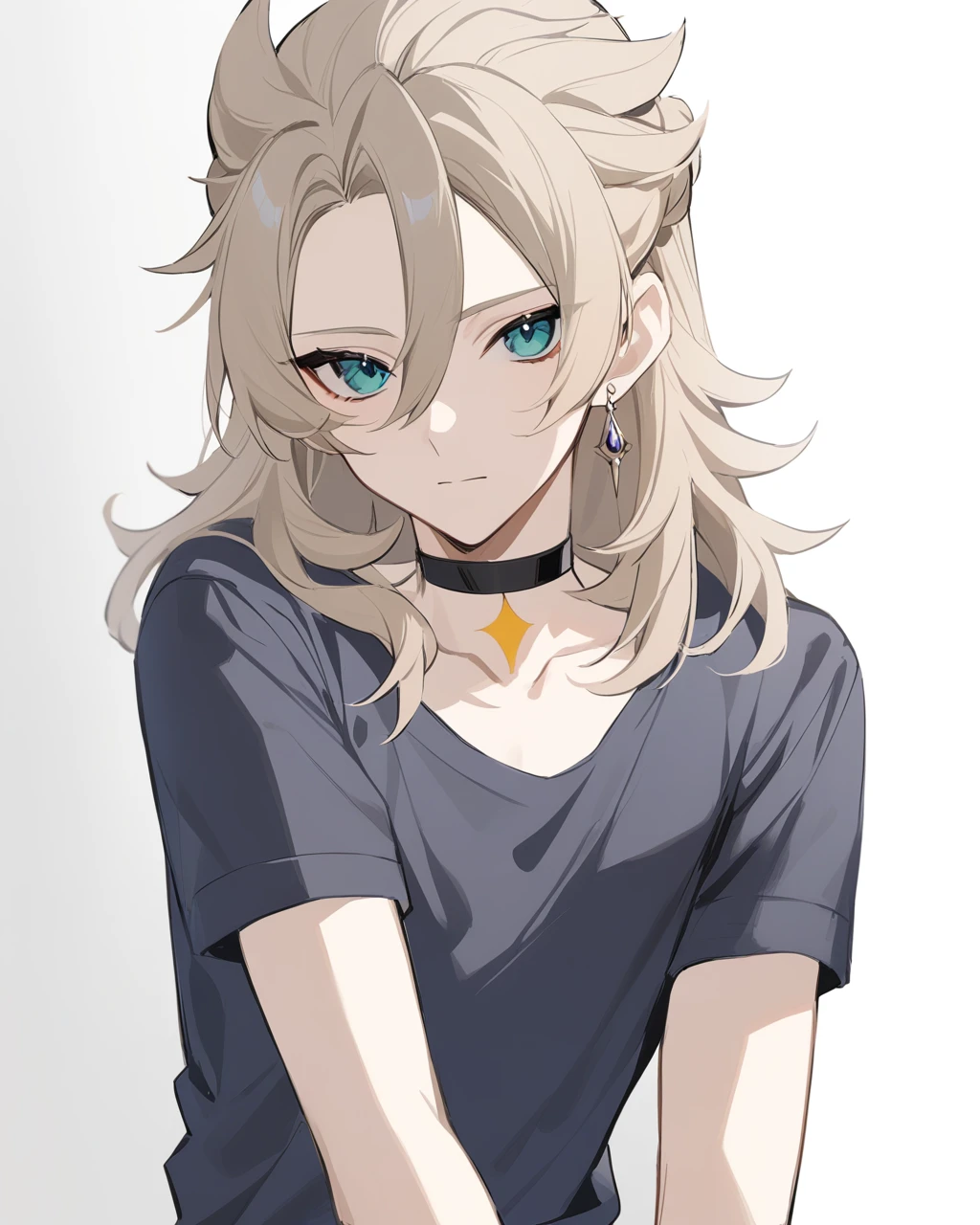 masterpiece,best quality,<lora:albedo:1>,male focus,albedo \(genshin impact\),1boy,alternate hairstyle,single earring,simple background,solo,scar on neck,hair down,white background,closed mouth,looking at viewer,black choker,upper body,short sleeves,artist name,black shirt,alternate costume,blue shirt,