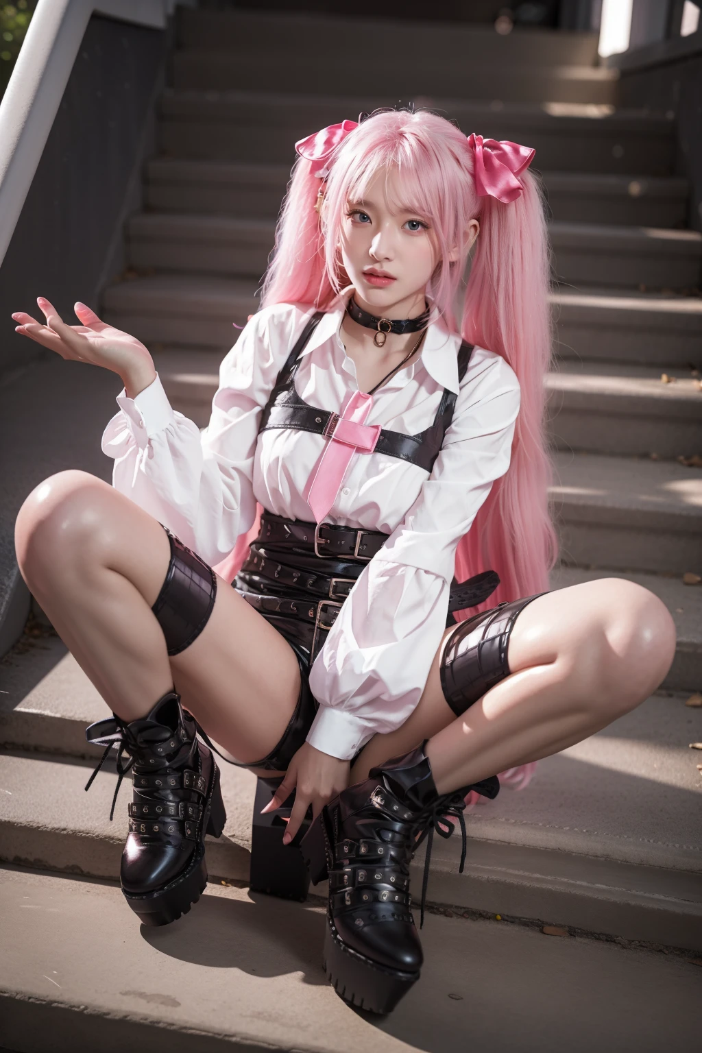 1girl,solo,medium breasts,outdoors,<lora:GoodHands-beta2:1>,(sitting on stairs:1.1),(full body:1.2),spread legs,<lora:0192 Nikke Uni_v1:0.9>,ruanyi0192,belt,black choker,black shorts,hair ornament,harness,platform footwear,single leg pantyhose,thigh strap,pink necktie,pink ribbon,thighhighs,white shirt,twintails,, best quality,masterpiece,highres,official art,extremely detailed cg unity 8k wallpaper