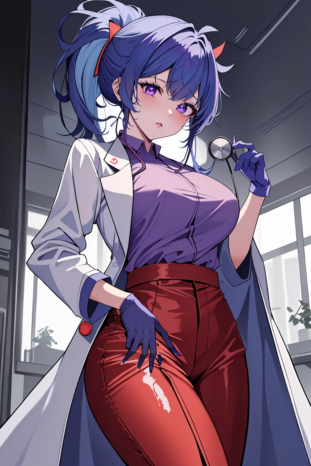 ((masterpiece, best quality, high quality)),1girl,<lora:infirmary_v0.1:0.5> (infirmary), <lora:Valerie Kato:0.7> (valerie kato, ocg:0002, 1girl, blue hair, bangs, purple eyes, nail polish, red nails, folded ponytail, large breasts), <lora:brwn_doctor_uniform:0.8> (bwn_doc_unif, blue gloves, pink shirt, labcoat, stethoscope,latex pants),