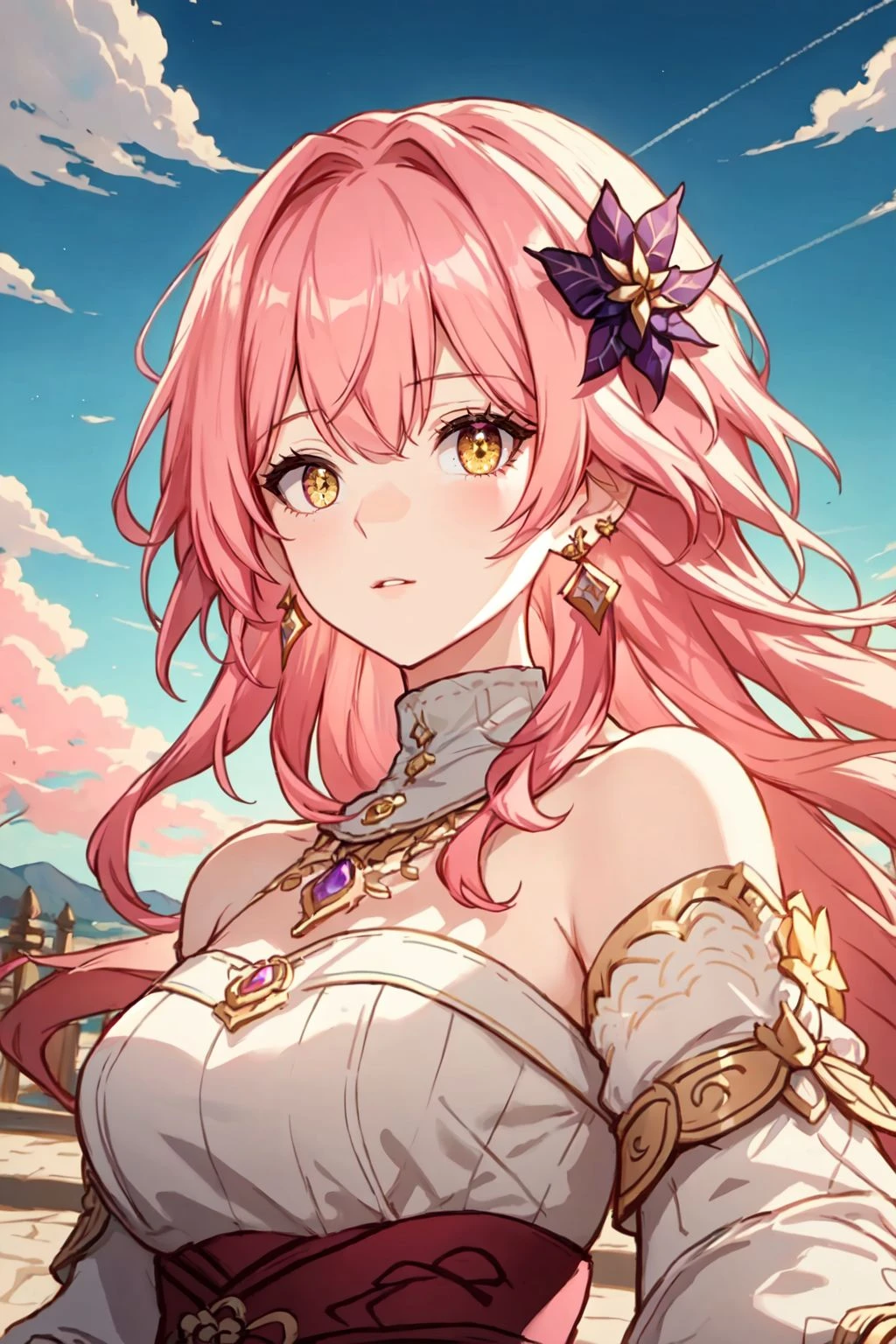 Hoyoearth, 1girl, solo, long hair, bangs, hair ornament, long sleeves, bare shoulders, jewelry, yellow eyes, upper body, pink hair, earrings, parted lips, sky, very detailed, cinematic angle, outdoors, ultra sharp, rembrandt lighting, side lighting, cinematic shading, cinematic lighting, foreshortening, detailed background, Hoyoverse, masterpiece, best quality , official art , , <lora:hoyoverse_SD15:0.8>