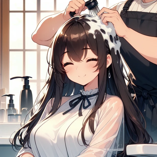 (((masterpiece))), (((best quality))), (((a strong boy))), (((hair salon))), ((lying on ceramics sink)), ((lather on hair)), ((a apron hairstylist stand behind girl)), shower head, (((lather on hair))), shampoo, transparent cover-up, closed eyes, smile, wet hair, brown wavy hair, ribbon, high neck, big tits, petite figure proportion, <lora:girllikehairsalon:1>