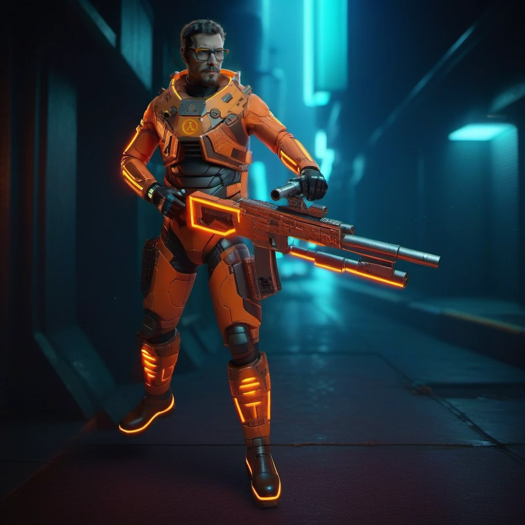 a man with glasses in a orange and black space suit, holds a machinegun, dystopian background <lora:GordonFreeman1024:0.8>