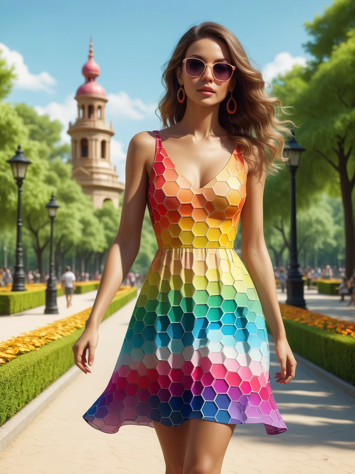 woman wearing a colorful madhxg summer dress walking through park, dynamic pose  <lora:Colorful_Hexadons_SDXL:0.8>, (masterpiece:1.2), best quality, (hyperdetailed, highest detailed:1.2), high resolution textures