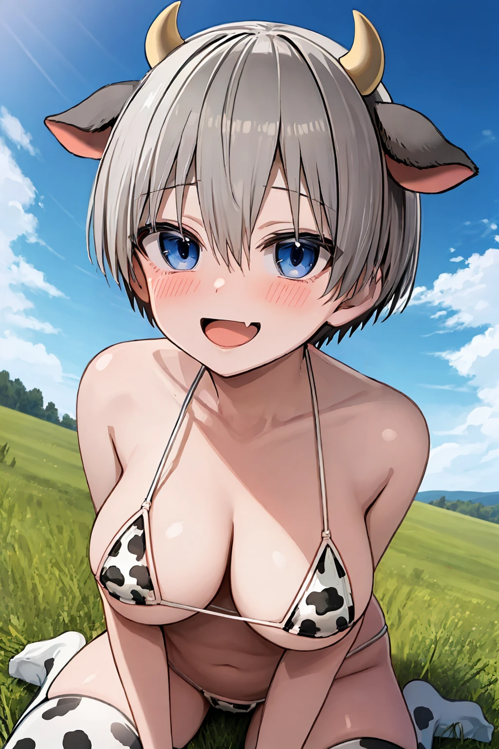masterpiece, best quality, 1girl, uzaki hana, grey hair, short hair, hair between eyes, bangs, blue eyes, skin fang,
micro bikini, cow print, cow ears, horns, thighhighs,
open mouth, smile, blush, solo, looking at viewer, grass, blue sky, meadow background <lora:UzakiHana:1>