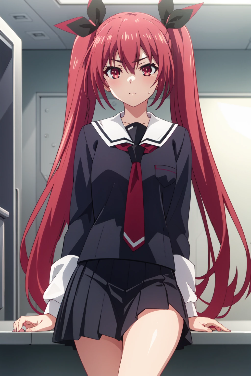 score_9, score_8_up, score_7_up, source_anime, highres, masterpiece, Kotori Itsuka, 1girl, twintails, red hair, red eyes, cowgirl position, riding, skirt, shirt, thighhighs, school uniform, jacket, white shirt, necktie, belt, black thighhighs, zettai ryouiki, red skirt, jacket on shoulders, red jacket,, flat chest, white ribbons, soft glowing background, detailed small breasts, seductive expression, anime style, lewd, erotic, explicit, suggestive, pussy, large insertion,