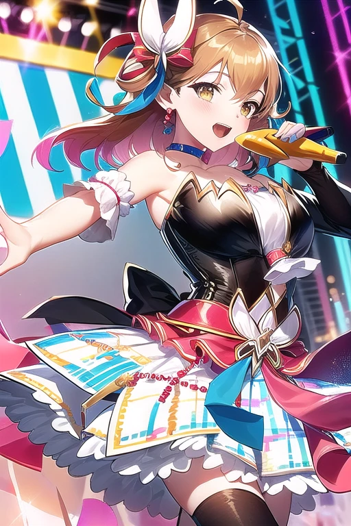 e7idol-sp1, hair ribbon, microphone, idol dress, accessories, ribbon, ahoge, 1girl, solo