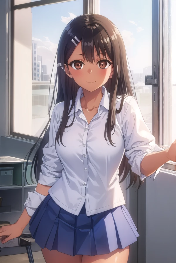 hayasenagatoro, <lora:hayase nagatoro s1s2-lora-nochekaiser:1>,
hayase nagatoro, long hair, bangs, black hair, hair ornament, (brown eyes:1.5), (hairclip:1.2), fang, dark skin, dark-skinned female, tan, smile, grin,
BREAK skirt, shirt, school uniform, white shirt, pleated skirt, nail polish, blue skirt, red nails, earclip,
BREAK indoors, classroom,
BREAK looking at viewer, (cowboy shot:1.5),
BREAK <lyco:GoodHands-beta2:1>, (masterpiece:1.2), best quality, high resolution, unity 8k wallpaper, (illustration:0.8), (beautiful detailed eyes:1.6), extremely detailed face, perfect lighting, extremely detailed CG, (perfect hands, perfect anatomy),