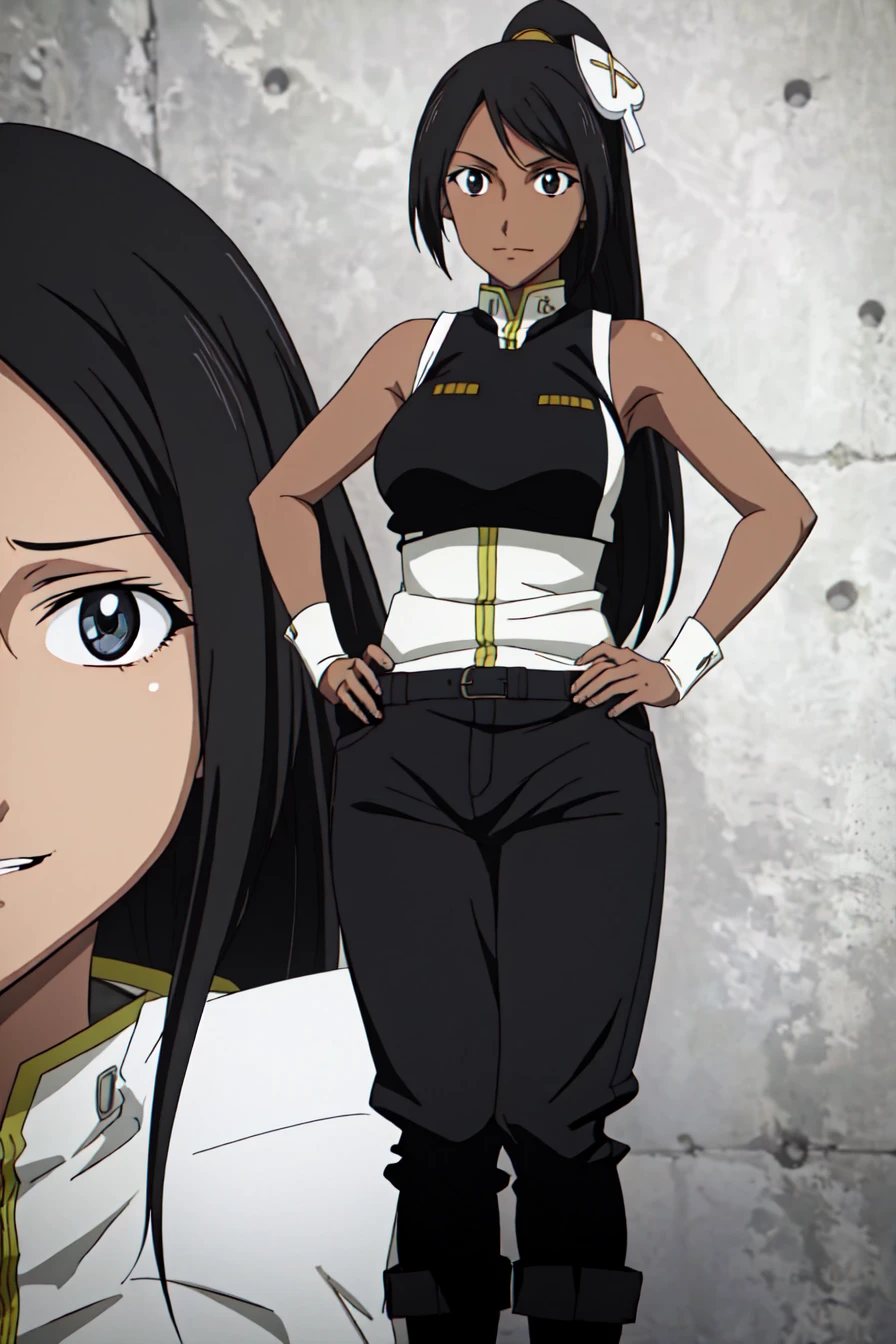 (best quality) , (highly detailed) ,masterpiece ,absurdres ,detailed face ,beautiful face ,(detailed eyes, deep eyes, anime eyes) ,1girl , solo, slight smile,
Twirling with one hand on the hip,
narvi_bb, ponytail, black eyes, black hair, dark-skinned female, dark skin, long hair, hair ornament, sleeveless, black baggy pants, white army boots, <lora:narvi_bb-10:0.75>