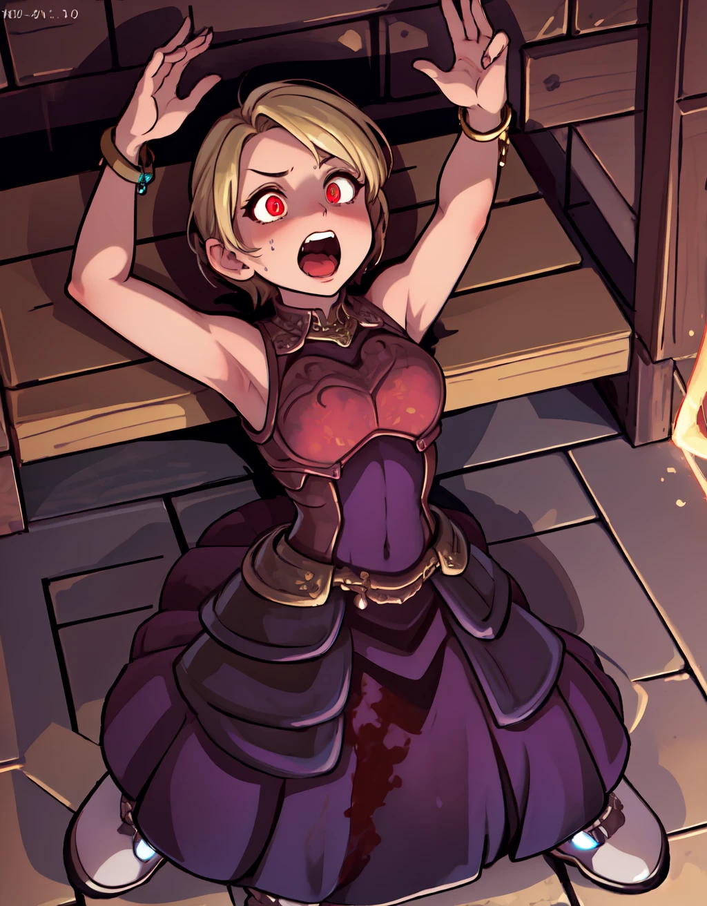 (masterpiece,best quality:1.2),neon colors,1girl,ameliamaid,solo,very short hair,blonde hair,arms up,arms above head,arched back,screaming,((glowing eyes)),magic,full body,armor,dress,jewelry,bracelet,sleeveless,indoors,in medieval stone dungeon,ornate,mystical,blood on floor,underground, <lora:AmeliaMaidRT:0.95>, <lora:LORA-XenoDetailer-v2:0.1>