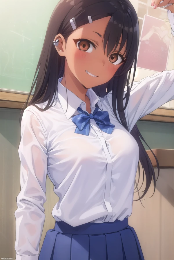 hayasenagatoro, <lora:hayase nagatoro s1s2-lora-nochekaiser:1>,
hayase nagatoro, long hair, bangs, black hair, hair ornament, (brown eyes:1.5), (hairclip:1.2), fang, dark skin, dark-skinned female, tan, smile, grin,
BREAK skirt, shirt, school uniform, white shirt, pleated skirt, nail polish, blue skirt, red nails, earclip,
BREAK indoors, classroom,
BREAK looking at viewer, (cowboy shot:1.5),
BREAK <lyco:GoodHands-beta2:1>, (masterpiece:1.2), best quality, high resolution, unity 8k wallpaper, (illustration:0.8), (beautiful detailed eyes:1.6), extremely detailed face, perfect lighting, extremely detailed CG, (perfect hands, perfect anatomy),