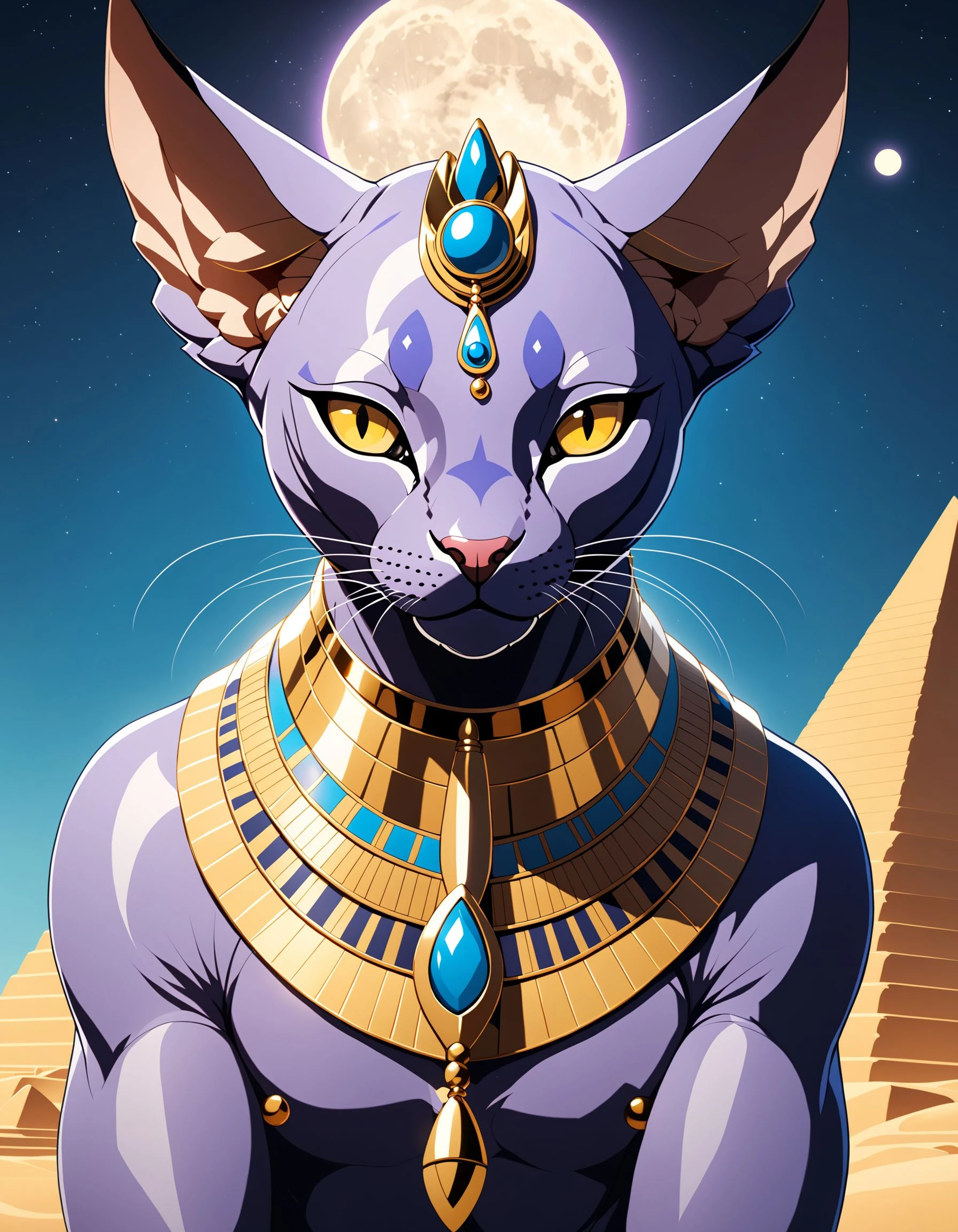 furrydskstyle, solo, 1boy, animal ears, no humans, sphynx, jewelry, closed mouth, yellow eyes, upper body, male focus, sky, colored skin, moon, slit pupils, furry, furry male, purple skin, egyptian clothes, cinematic angle, cinematic lighting, foreshortening, depth of field, detailed background, masterpiece, best quality , official art , <lora:furry_SDXL:0.8>