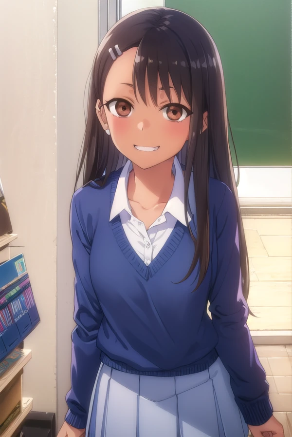 hayasenagatoro, <lora:hayase nagatoro s1s2-lora-nochekaiser:1>,
hayase nagatoro, long hair, bangs, black hair, hair ornament, (brown eyes:1.5), (hairclip:1.2), fang, dark skin, dark-skinned female, tan, smile, grin,
BREAK skirt, shirt, school uniform, white shirt, pleated skirt, nail polish, blue skirt, red nails, earclip,
BREAK indoors, classroom,
BREAK looking at viewer, (cowboy shot:1.5),
BREAK <lyco:GoodHands-beta2:1>, (masterpiece:1.2), best quality, high resolution, unity 8k wallpaper, (illustration:0.8), (beautiful detailed eyes:1.6), extremely detailed face, perfect lighting, extremely detailed CG, (perfect hands, perfect anatomy),