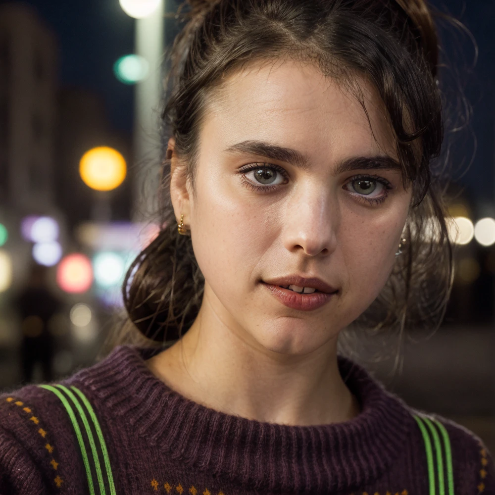 marqual,black ponytail,(face close-up),city street background,sweater,masterpiece,bokeh,dof,highly detailed,night,neon lights