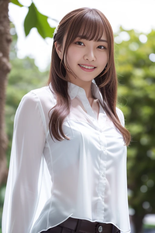 1girl, (white sheer blouse:1.6),(RAW photo, best quality:1.4), (realistic, photo-realistic:1.4), masterpiece, an extremely delicate and beautiful, extremely detailed, 2k wallpaper, Amazing, finely detail, extremely detailed CG unity 8k wallpaper, ultra-detailed, highres, soft light, beautiful detailed girl, extremely detailed eyes and face, beautiful detailed nose, beautiful detailed eyes,cinematic lighting,(blurry,bokeh backgound:1.6),(in the city:1.6),perfect anatomy,(slender body:2.0),(medium shot:2.0),(smile,Friendly, warm:2.0),(looking at viewer:1.8),(young japanese idol:1.8),(wavy long brown hair:1.8), (brown eyes:1.8),(standing:1.6), <lora:manomizuki_lora-12:0.8>