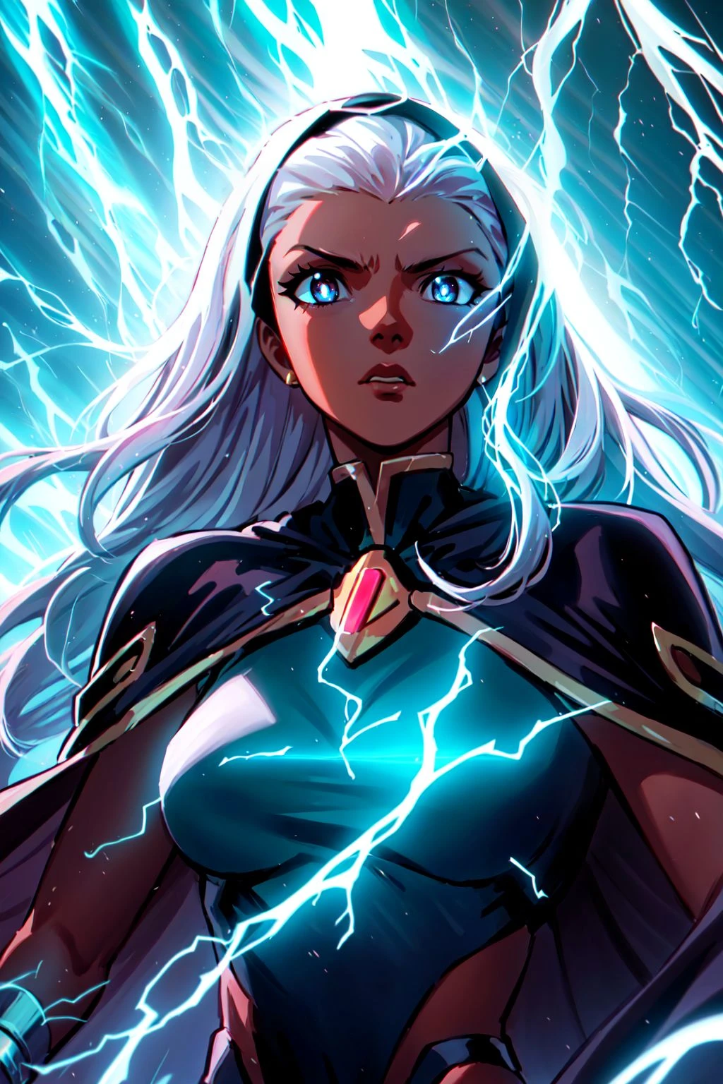 dskororo, 1girl, solo, long hair, jewelry, upper body, white hair, dark skin, cape, dark-skinned female, fearful expression, lightning, cinematic angle, cinematic lighting, depth of field, detailed background, masterpiece, best quality , official art , <lora:Classic_Storm:0.8>