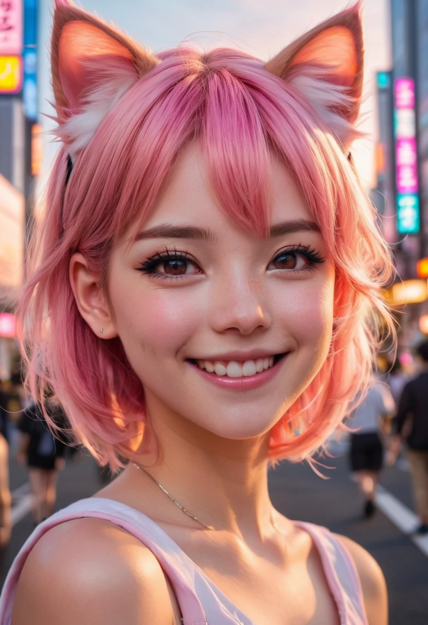 anime, beautiful gorgeous pretty girl, cat ears, pink hair, smile, sunset, Tokyo street, closeup
