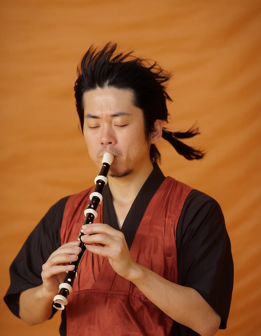 swsb-style, japanese man, playing recorder, close up, photo, orange background