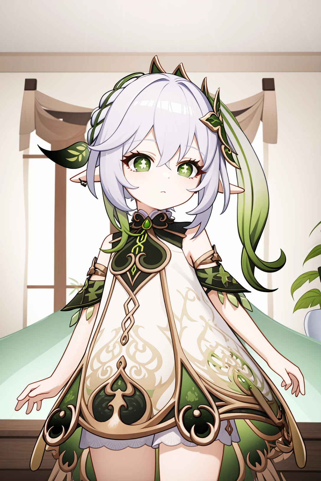 <lora:纳西妲2-000009:1>,a girl named nahida,nahida,pointy ears,bangs,1girl,white hair,hair ornament,gradient hair,symbol-shaped pupils,green hair,white dress,jewelry,green eyes,detached sleeves,leaf hair ornament,<lora:genshinImpactModel_v10:0.3:lbw=MIDD>,indoors, 1girl,
, (masterpiece,best quality:1.2),absurdres