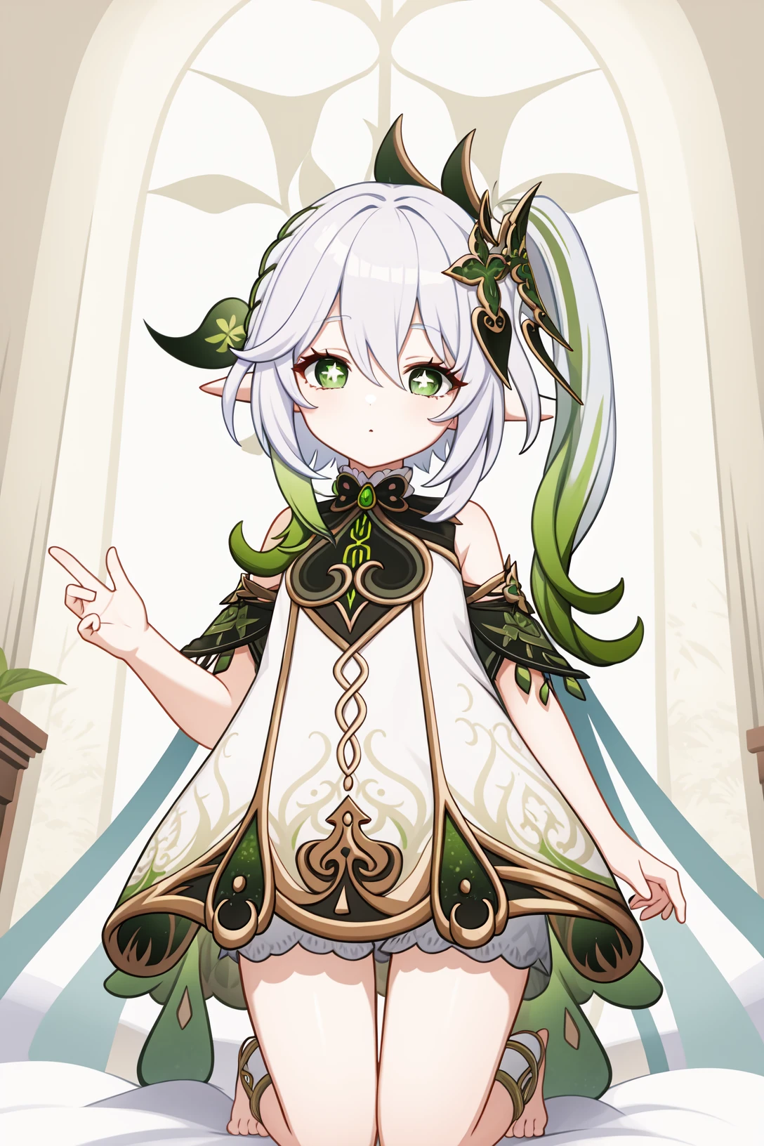 <lora:纳西妲2-000009:1>,a girl named nahida,nahida,pointy ears,bangs,1girl,white hair,hair ornament,gradient hair,symbol-shaped pupils,green hair,white dress,jewelry,green eyes,detached sleeves,leaf hair ornament,<lora:genshinImpactModel_v10:0.3:lbw=MIDD>,indoors,kneeling,, 1girl,
, (masterpiece,best quality:1.2),absurdres