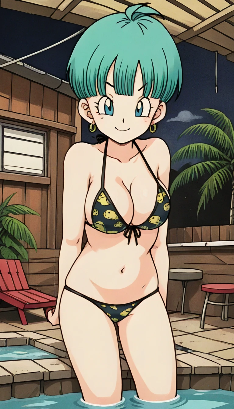 Grunge style <lora:OlderBulmaXL:.8>olderbulma, bikini, hot tub, medium breasts, smiling . Textured, distressed, vintage, edgy, punk rock vibe, dirty, noisy