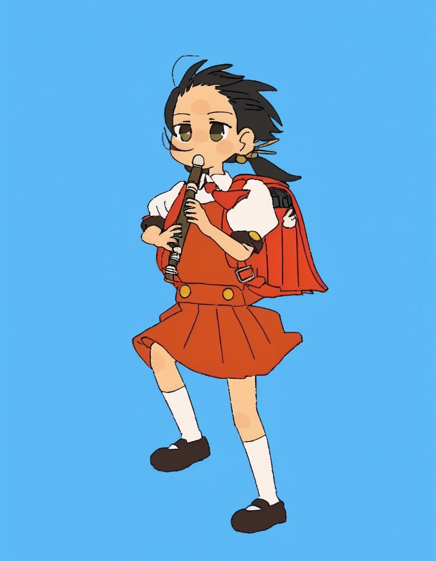 swsb-style, anime, playing recorder, close up, photo, blue background