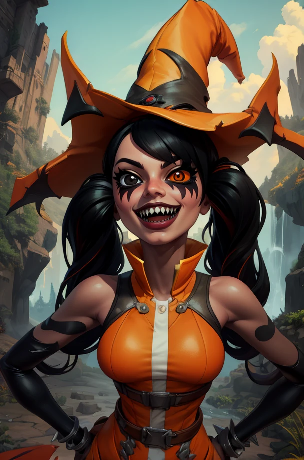 orendi,heterochromia,black hair,twintails,toned,
sleeveless,orange attire,black arms,orange witch hat,
sharp teeth,smile,
standing,
outdoors,
(insanely detailed, beautiful detailed face, masterpiece, best quality),<lora:orendi102:0.8>,