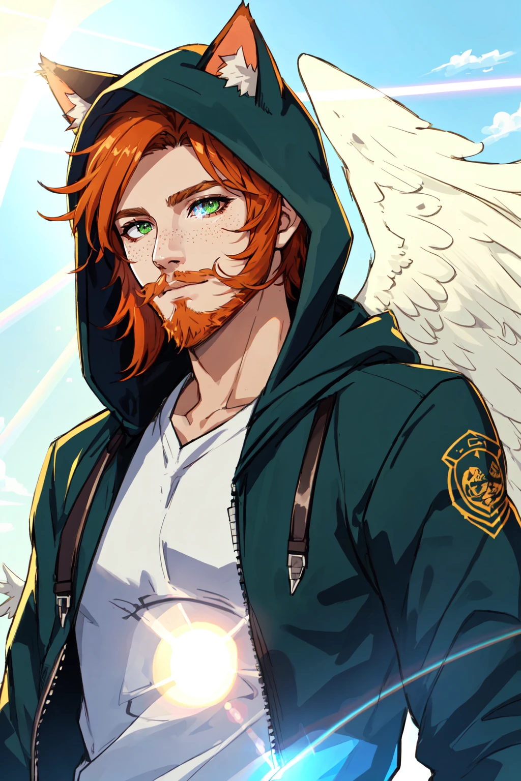 1boy, male focus, solo,(masterpiece, best_quality, ultra-detailed, immaculate:1.3), epic, illustration, render, volumetric lighting, welcoming, see-through gossamer, in Japan, orange hair, facial hair, beard, hood down, masculine, freckles looking at viewer, cat ears, animal ears, green eyes, jacket, feathered wings wings, hood, hood down, (lens flare, light leak, prismatic), shiny skin, cg, (side-lighting), dynamic angle, outdoors