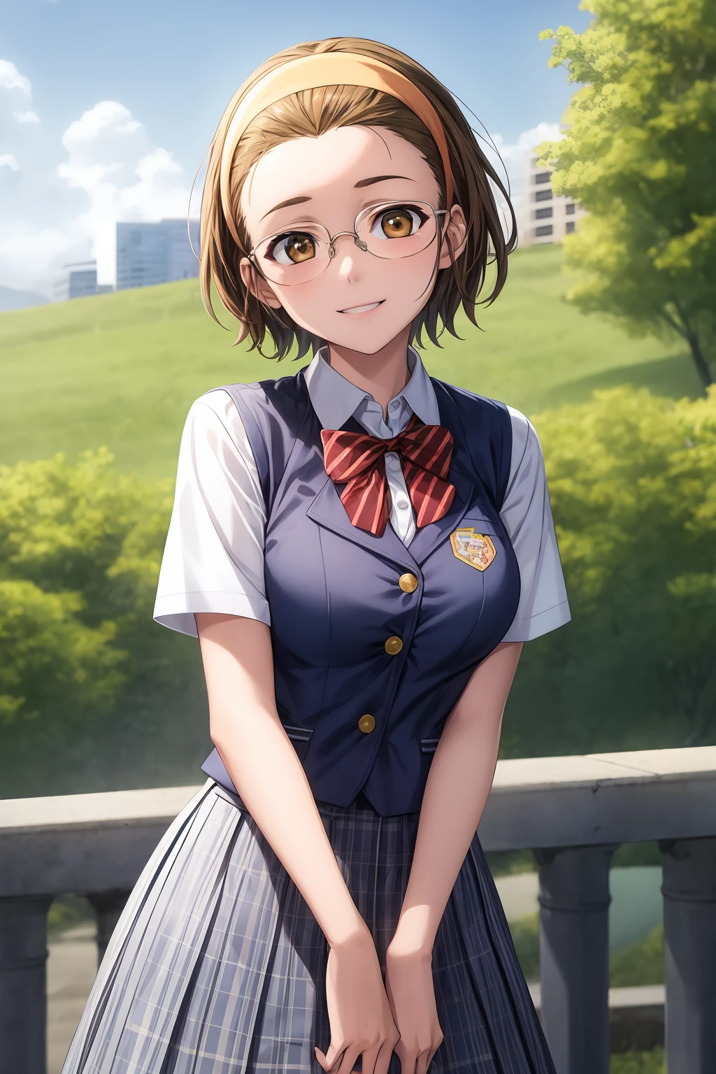 hires, best quality, masterpiece, 1girl, solo, looking at viewer, smile, short hair, brown hair, brown eyes, glasses, hairband, tsugumi_rosenmeier, poses, skirt, shirt, bow, ribbon, school uniform, white shirt, short sleeves, pleated skirt, vest, blue skirt, plaid, neck ribbon, plaid skirt, blue shirt, yellow bow, yellow ribbon, blue vest, summer uniform, outdoor