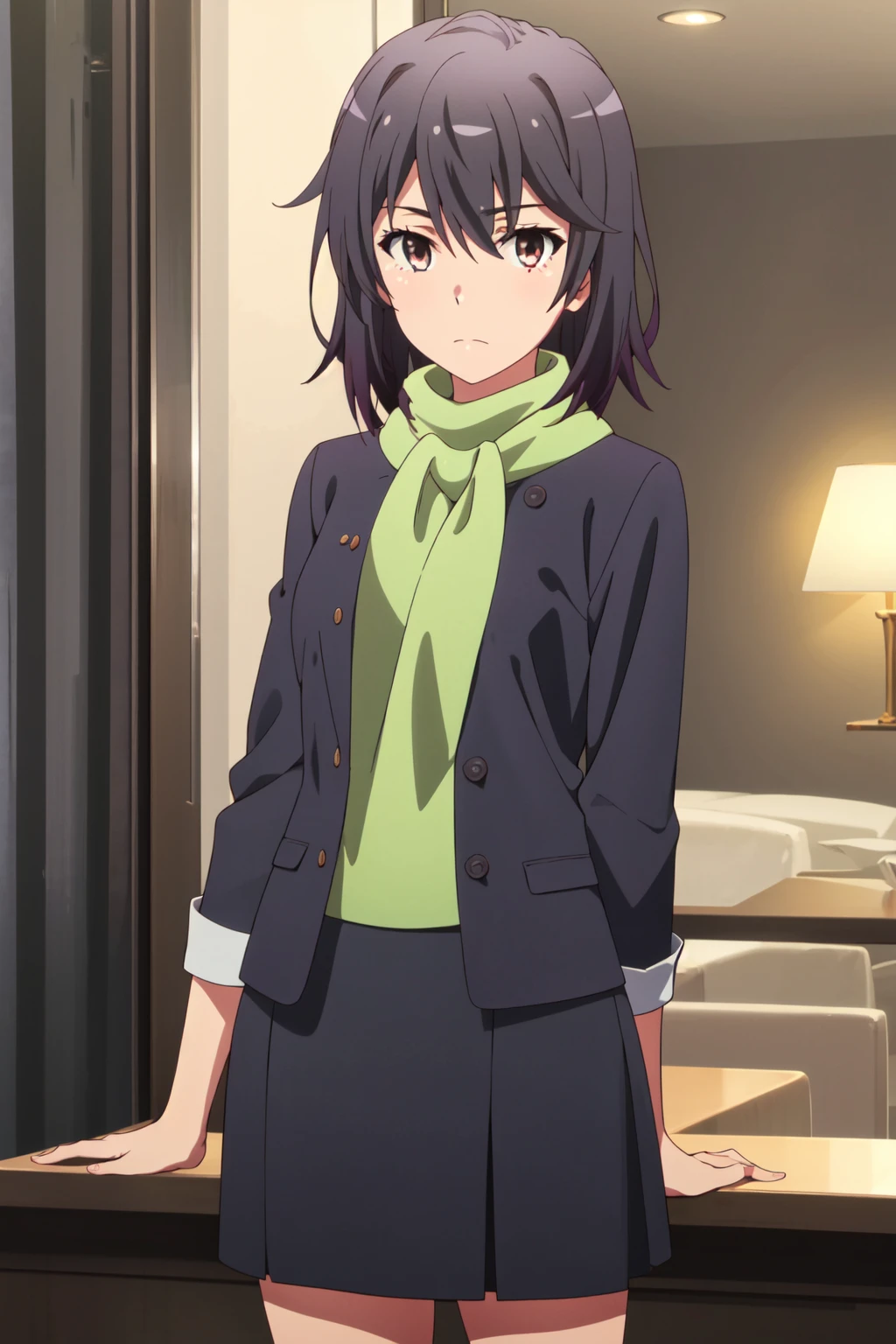 <lora:anime_screencap_v2:0.3> tall body, tall, long legs, mature female, mature, adult, <lora:GoodHands-beta2:1.4>,
<lora:eft_oregairu_yukinosis-02:0.8> Eft_Oregairu_YukinoSis, 1girl, solo, black hair, looking at viewer, scarf, closed mouth, upper body, brown eyes, indoors, bangs, short hair, hair between eyes, medium hair, jacket