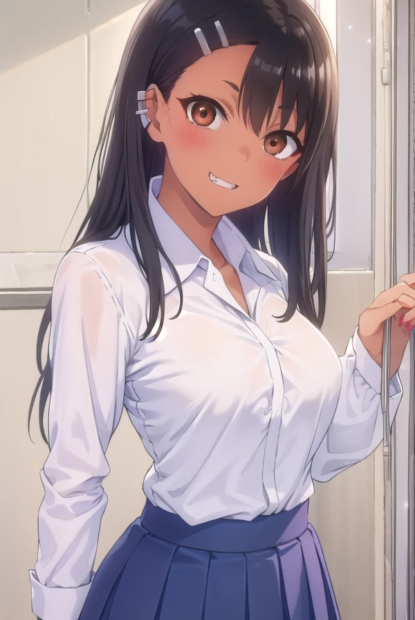 hayasenagatoro, <lora:hayase nagatoro s1s2-lora-nochekaiser:1>,
hayase nagatoro, long hair, bangs, black hair, hair ornament, (brown eyes:1.5), (hairclip:1.2), fang, dark skin, dark-skinned female, tan, smile, grin,
BREAK skirt, shirt, school uniform, white shirt, pleated skirt, nail polish, blue skirt, red nails, earclip,
BREAK indoors, classroom,
BREAK looking at viewer, (cowboy shot:1.5),
BREAK <lyco:GoodHands-beta2:1>, (masterpiece:1.2), best quality, high resolution, unity 8k wallpaper, (illustration:0.8), (beautiful detailed eyes:1.6), extremely detailed face, perfect lighting, extremely detailed CG, (perfect hands, perfect anatomy),