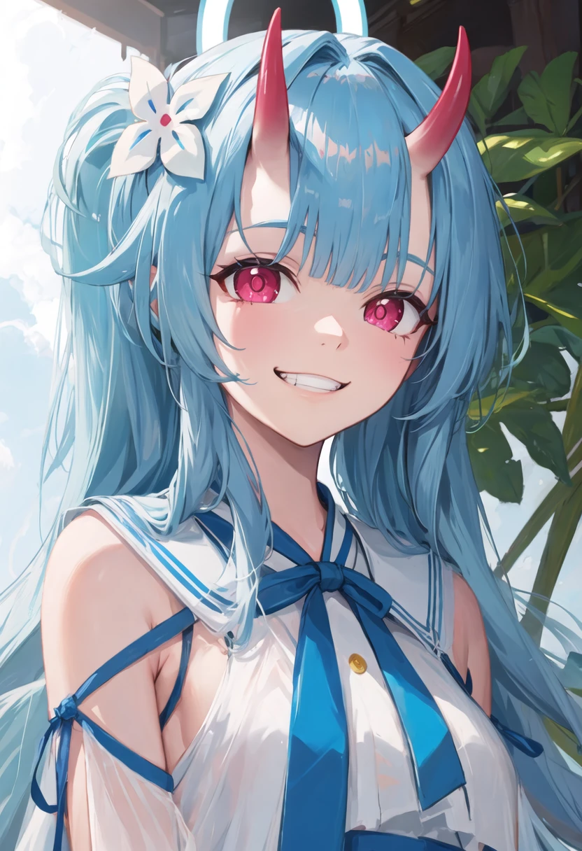 best quality, masterpiece, highres, solo, {chise_bluearchive:0.90}, evil_grin, evil_smile, grin, portrait, looking at viewer