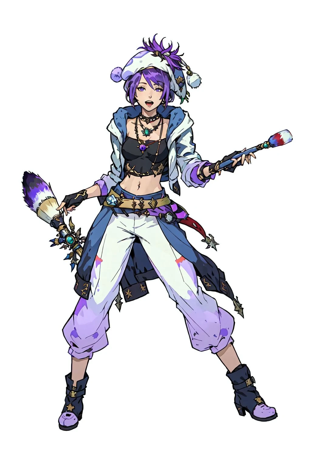 PictomancerFFXIV, 1girl, solo, short hair, open mouth, simple background, gloves, hat, white background, navel, jewelry, jacket, full body, purple hair, boots, midriff, belt, pants, fingerless gloves, necklace, paintbrush, masterpiece, best quality , official art , <lora:PictoMancerFFXIV:0.8>