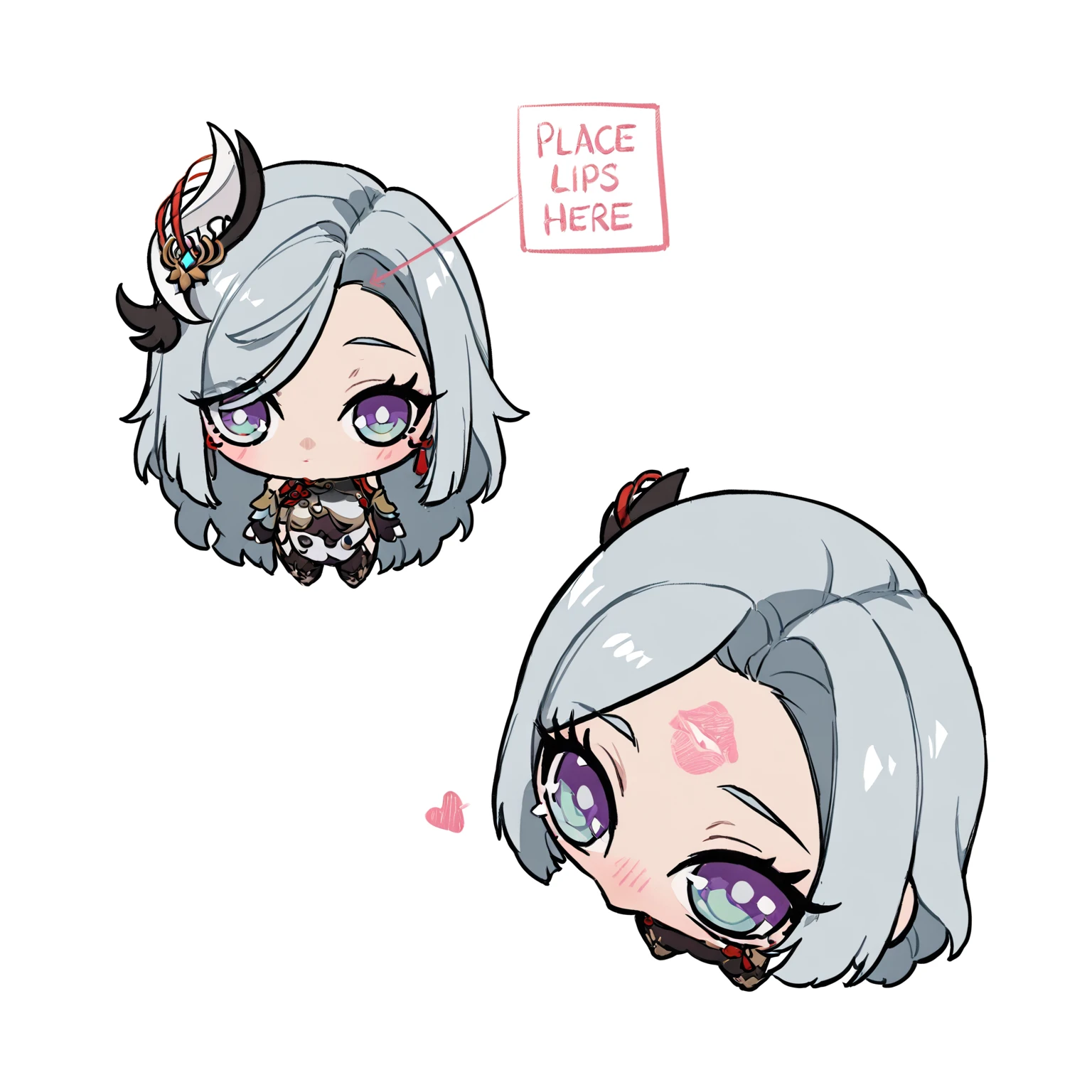 <lora:xl_place_lips_here_(meme)2-000038:1>,2girl,place_lips_here_\(meme\),chibi,forehead,There is a dialog box that says "place lips here",simple background,white background,lipstick mark,shenhe \(genshin impact\),, masterpiece, best quality,