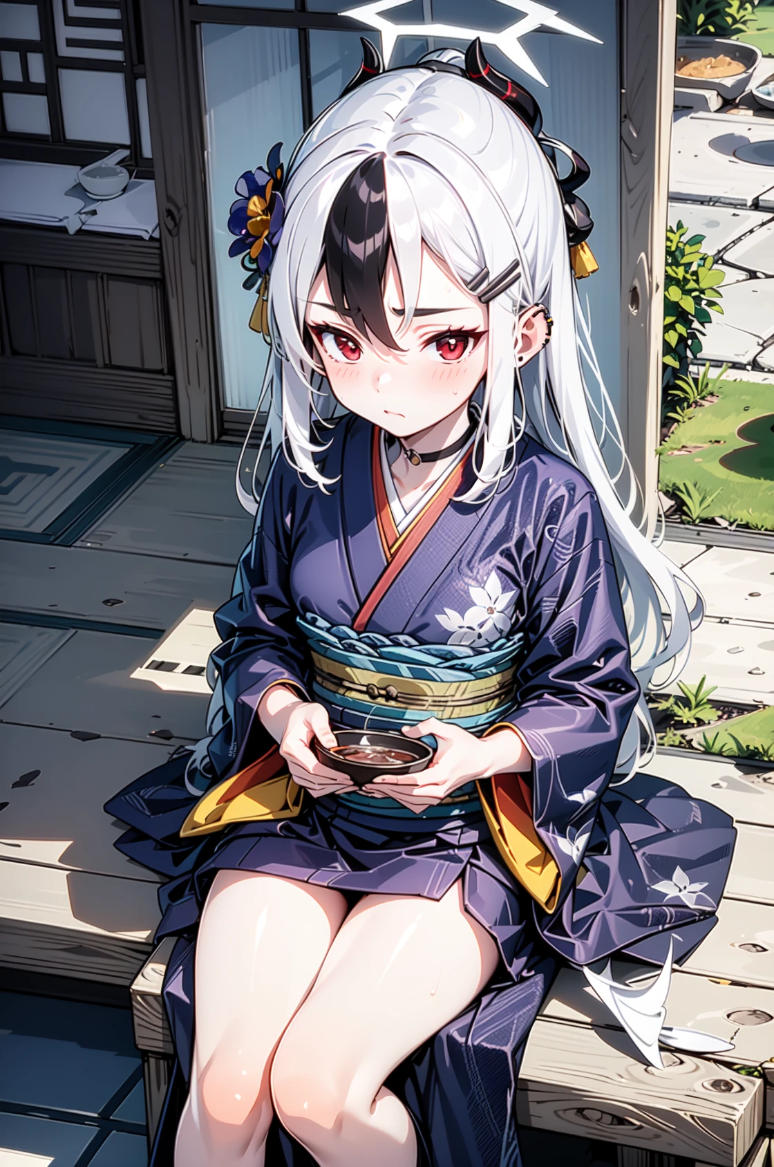 1girl, solo, (masterpiece, best quality), outdoors, blush, low wings, single wing, black choker, hair flower, hair ornament, hairclip, black flower, japanese clothes, kimono, long hair, long sleeves, wide sleeves, obi, sash, sidelocks, black kimono, kayoko, red eyes, black hair, white hair, hair between eyes, multicolored hair, two-tone hair, black ponytail, ear piercing, demon horns, halo, horns, wings, two-tone hair, long dress, sitting, from above, holding bowl