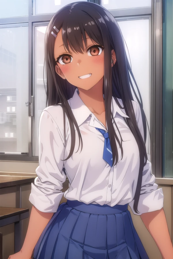 hayasenagatoro, <lora:hayase nagatoro s1s2-lora-nochekaiser:1>,
hayase nagatoro, long hair, bangs, black hair, hair ornament, (brown eyes:1.5), (hairclip:1.2), fang, dark skin, dark-skinned female, tan, smile, grin,
BREAK skirt, shirt, school uniform, white shirt, pleated skirt, nail polish, blue skirt, red nails, earclip,
BREAK indoors, classroom,
BREAK looking at viewer, (cowboy shot:1.5),
BREAK <lyco:GoodHands-beta2:1>, (masterpiece:1.2), best quality, high resolution, unity 8k wallpaper, (illustration:0.8), (beautiful detailed eyes:1.6), extremely detailed face, perfect lighting, extremely detailed CG, (perfect hands, perfect anatomy),