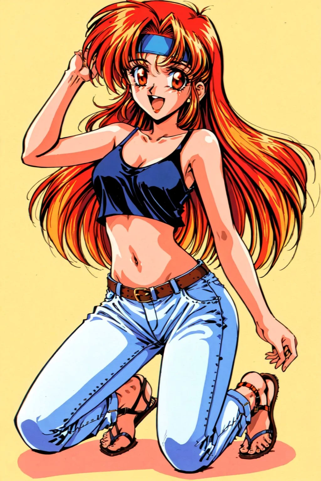 RetroAnime Style, 1girl, solo, long hair, looking at viewer, blush, smile, open mouth, red eyes, navel, red hair, midriff, belt, pants, orange hair, crop top, kneeling, v, headband, sandals, tank top, denim, casual, strap slip, camisole, jeans, white pants, double v, retro artstyle, 1990s (style), masterpiece, best quality , official art , <lora:RetroAnime:0.8>