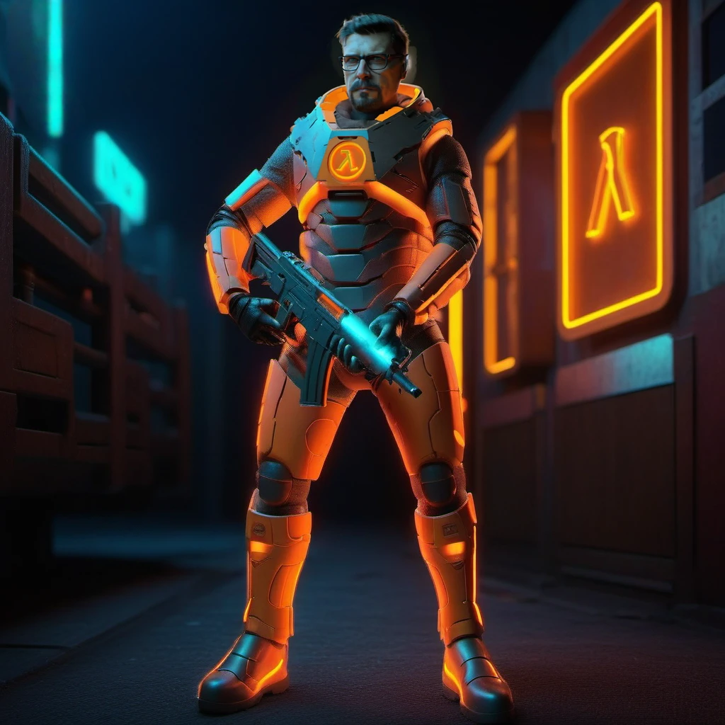 a man with glasses in a orange and black space suit, holds a machinegun, dystopian background <lora:GordonFreeman1024:0.8>