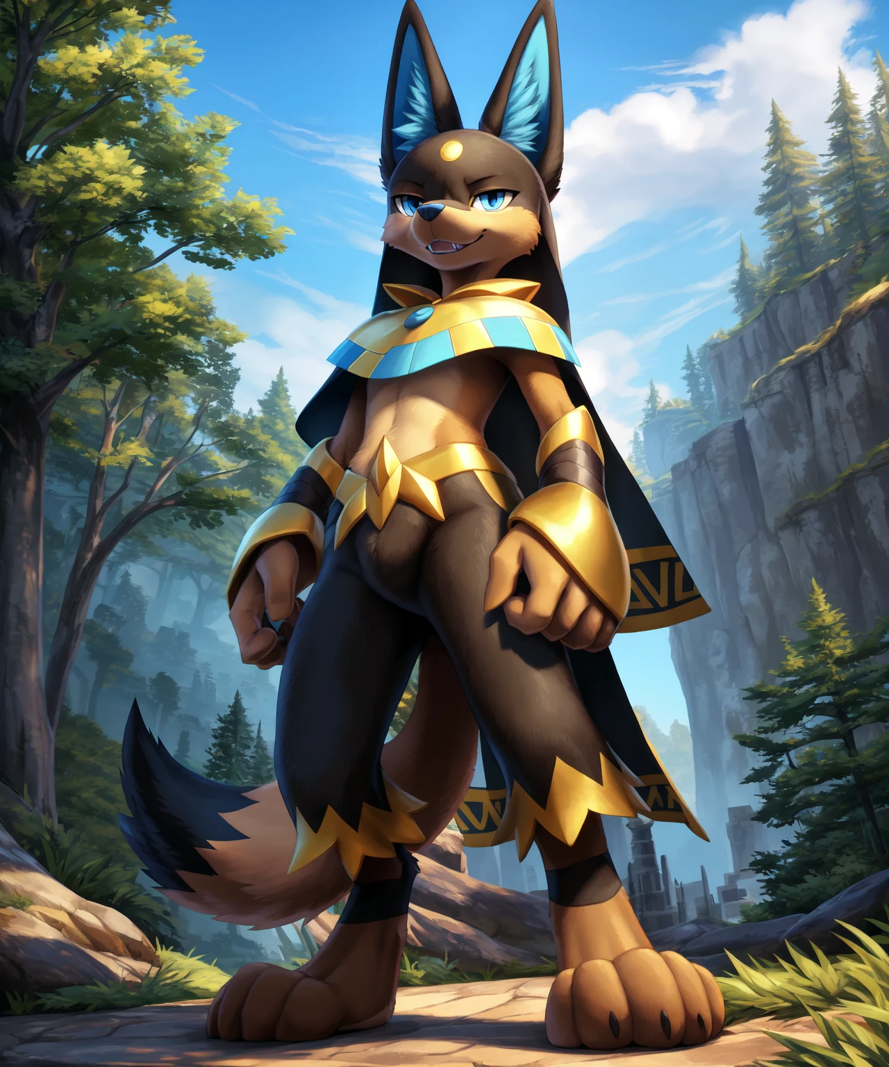 anubispal, solo,looking at viewer, low-angle view, teeth,full body, anthro,anubian jackal,feet,clothing,canid,anatomically correct,symmetrical, ultra realism shading,cinematic lighting,outdoors,(hdr,ambient light,tail, Indirect light,specular lighting,Volumetric lighting,global illumination,raytracing,Lumen Reflections),Insanely Detailed,high quality,4k, hi res,digital media (artwork),by katahane3,by yamatokuroko965,by inumania, (rembrandt:1.1025), by essence of rapture, by xnirox, by kurohane karasu,by furukara, by tenebscuro, by nurinaki, by falcrus, by zackary911, by tres-art, by personalami, by blotch,by zaush, <lora:anubispal_YMv3:0.7>