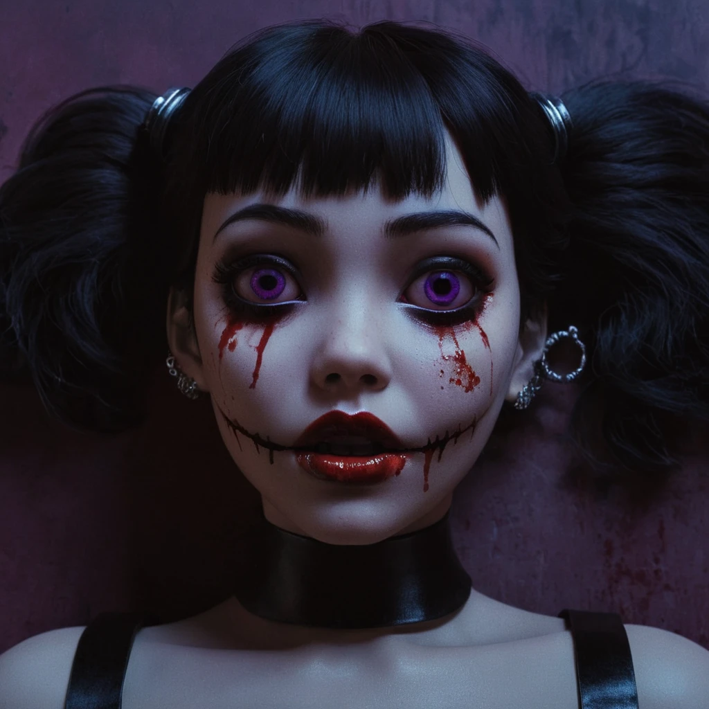 professional 3d model of <lora:LoDe+Ro style:1>
a creepy doll with a bloody face and black eyes,1girl,solo,looking at viewer,bangs,black hair,twintails,jewelry,earrings,lying,parted lips,black eyes,blood,makeup,lipstick,portrait,blood on face,purple lips,black lips,LoDe+Robots Style,Love Death + Robots style,Love,Death & Robots style,animated,horror,dark,black,apocalyptic,dystopian,domination,high angle from above,staring , dramatic light, cyberpunk, LoDe+Ro style, octane render, highly detailed, volumetric, dramatic lighting
