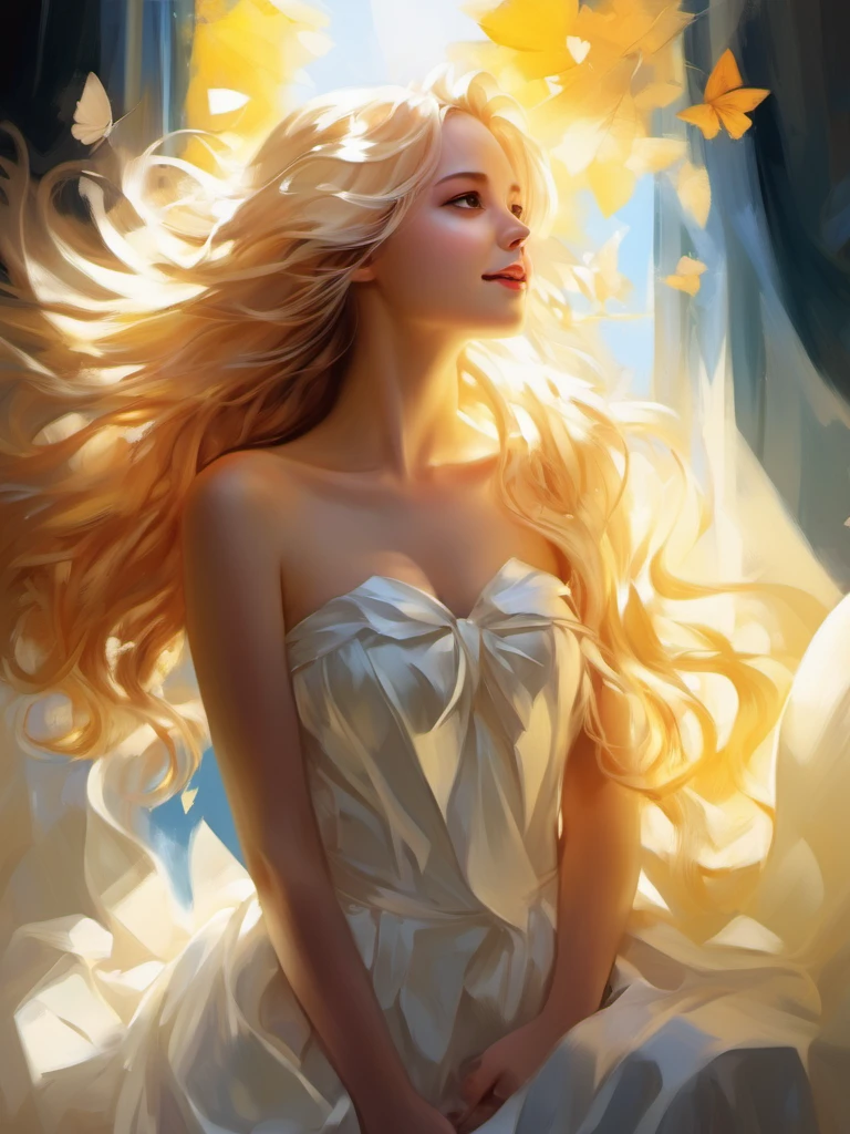 1 girl, blonde hair, long hair, solo, magic, strapless white dress, sunshine on hair