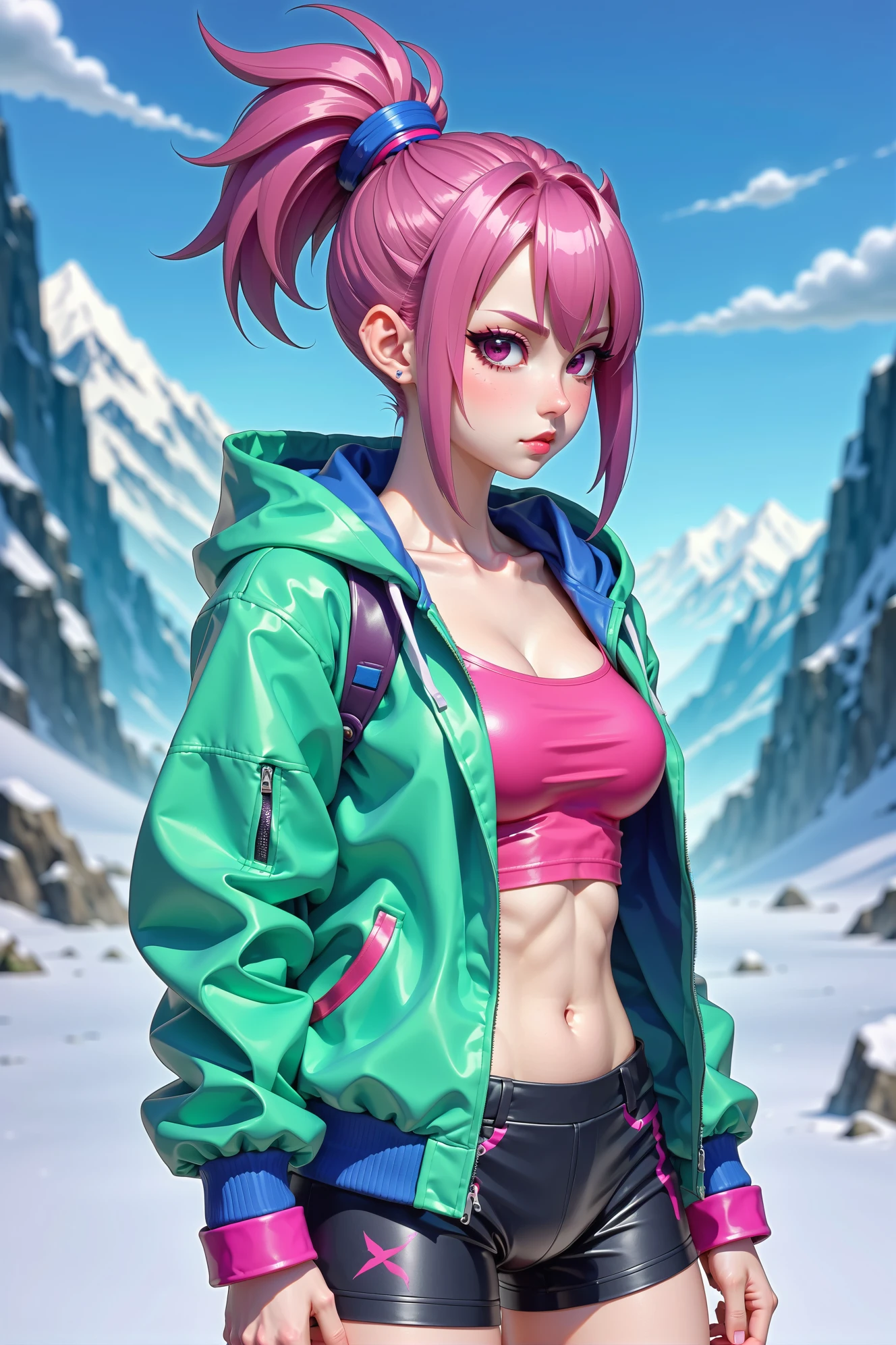 anime style, Tropical Monsoon Forest, 1girl, woman, stoic orc sci-fi barbarian berserker, toned, (leather armor:1.3), ultra neon color:magenta hair, Ballerina Bun, leg up, bombshell hair, red and blue-green hair, bombshell hair, thicc athletic build, medium breasts, korean<lora:EnvyArcticXL01:1>