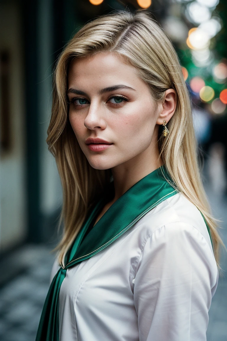 photo of beautiful (r4cht4yl0r:0.99), a woman, perfect blonde hair, (modern photo, Emerald Green school uniform, jewelry), closeup portrait, 85mm lens, (analog, cinematic, film grain:1.3), (A bustling, vibrant Istanbul street during a traditional Turkish wedding procession:1.2), ((detailed eyes)), (epicPhoto), (color picture:1.1), (looking at viewer), colorful