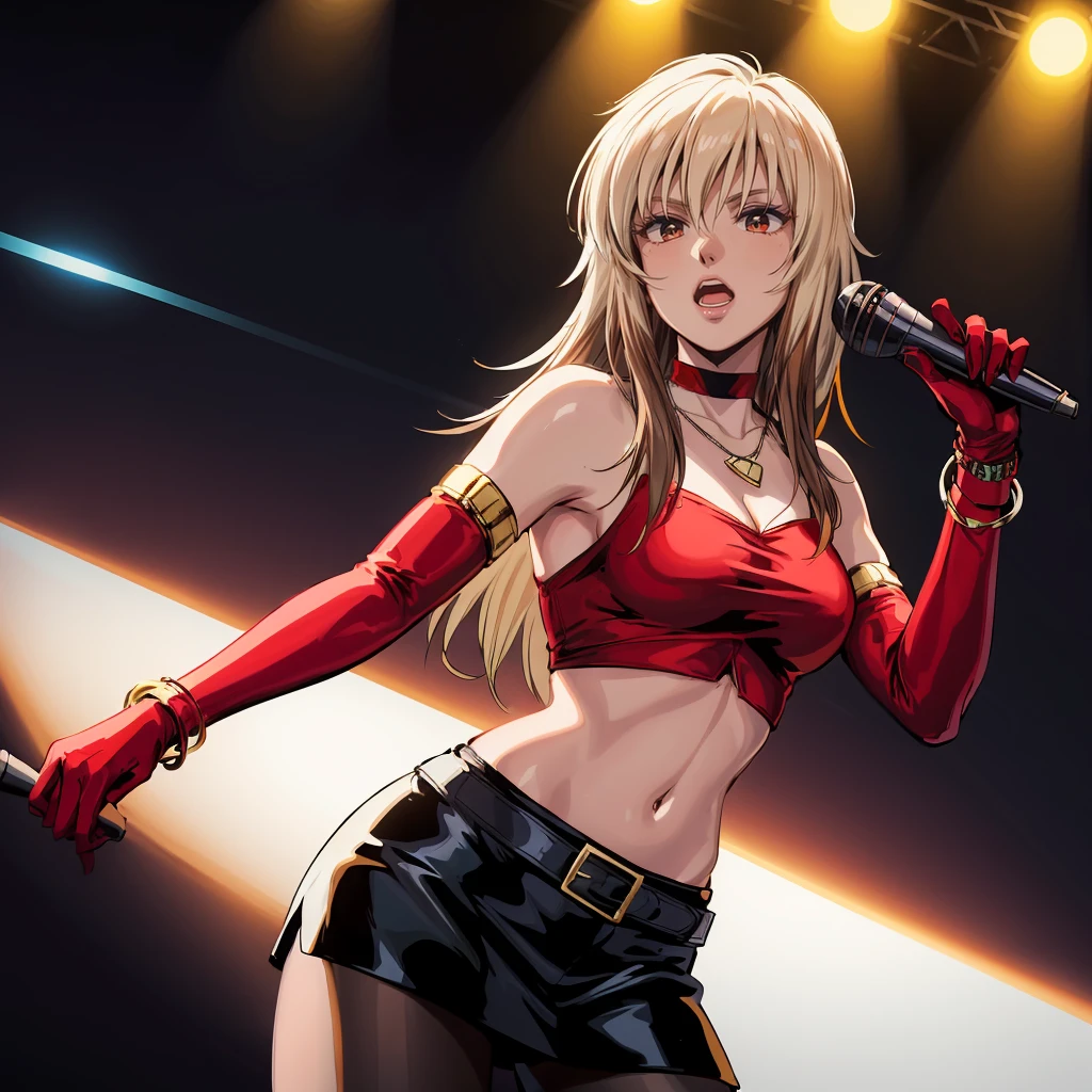 <lora:Priss001:0.5>,<lora:add_detail>,<lora:noline:0.1>,<lora:boldline:-0.1>,
Priss,1girl,multicolored hair,blonde hair,brown hair,longhair,
choker,
necklace,red crop top,
elbow gloves,
red gloves,
bracelet,belt,(black short skirt:1.2),pantyhose,
(singing:1.3),holding microphone,microphone,
