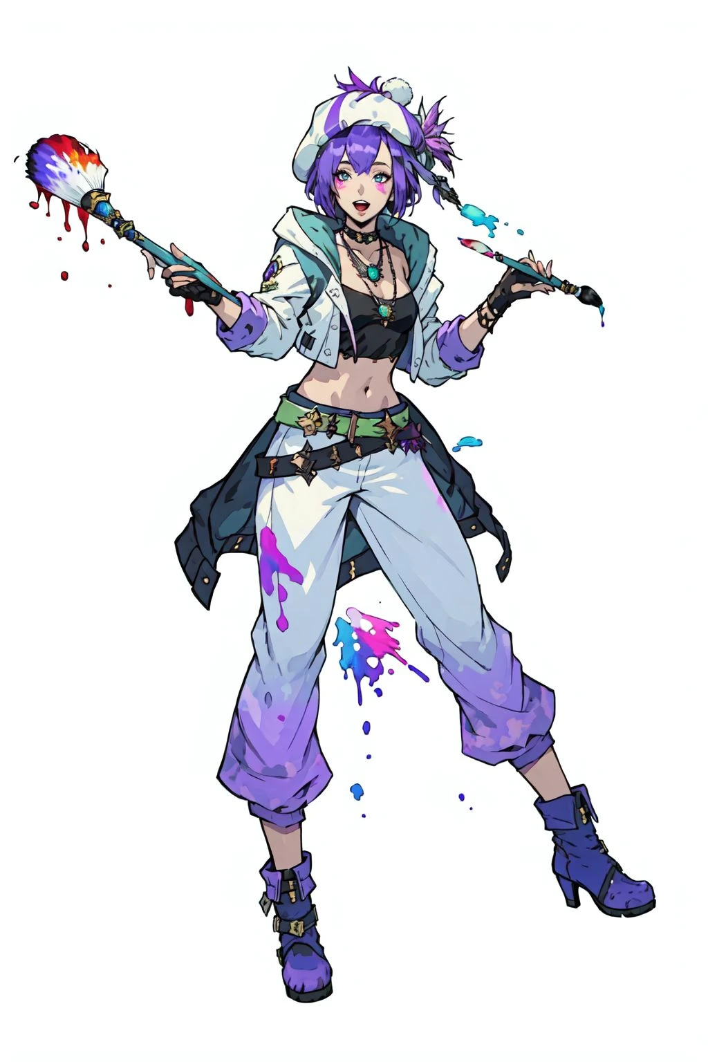 PictomancerFFXIV, 1girl, solo, short hair, open mouth, simple background, gloves, hat, white background, navel, jewelry, jacket, full body, purple hair, boots, midriff, belt, pants, fingerless gloves, necklace, paintbrush, paint drip, paint splash, paint splatter, masterpiece, best quality , official art , <lora:PictoMancerFFXIV:0.8>