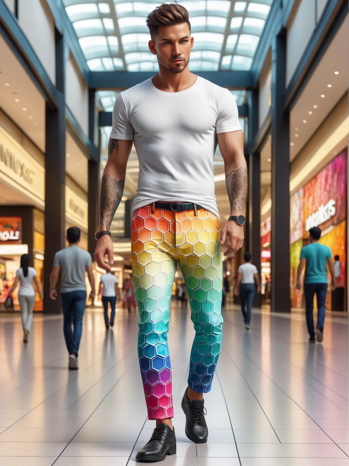 man wearing a colorful madhxg pants and white tshirt walking through mall, dynamic pose <lora:Colorful_Hexadons_SDXL:1>, (masterpiece:1.2), best quality, (hyperdetailed, highest detailed:1.2), high resolution textures