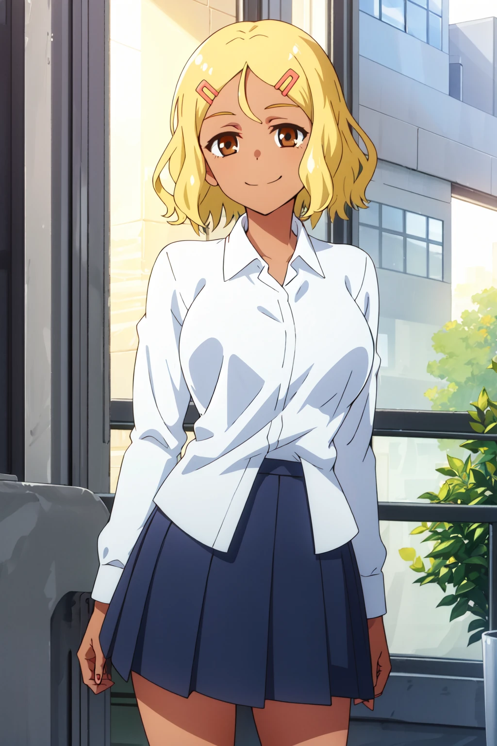 <lora:anime_screencap_v2:0.3> tall body, tall, long legs, mature female, mature, adult, <lora:GoodHands-beta2:1.4>,
<lora:eft_nagatoro_yellow-02:0.8> Eft_Nagatoro_Yellow, blonde hair, 1girl, hair ornament, skirt, hairclip, brown eyes, solo, smile, dark skin, school uniform, short hair, dark-skinned female, shirt, pleated skirt, blue skirt, white shirt, window