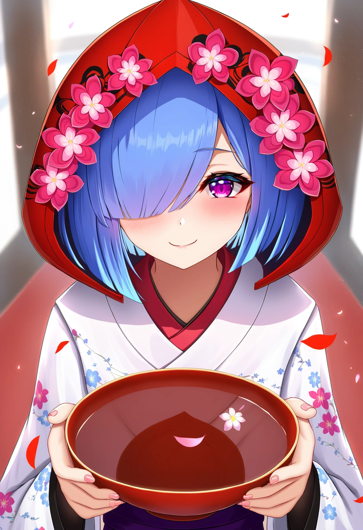 score_9, best quality, masterpiece, uncensored, source_anime
BREAK
1girl, alcohol, alternate costume, blurry, blurry background, blush, bowl, closed mouth, depth of field, floral background, flower, flower knot, hair over one eye, holding, holding bowl, hood, hood up, japanese clothes, kimono, long sleeves, looking at viewer, petals, pink eyes, red flower, reflection, sake, short hair, smile, solo, uchikake, upper body, white kimono
<lora:nekoda_pony_v1-000008:1>