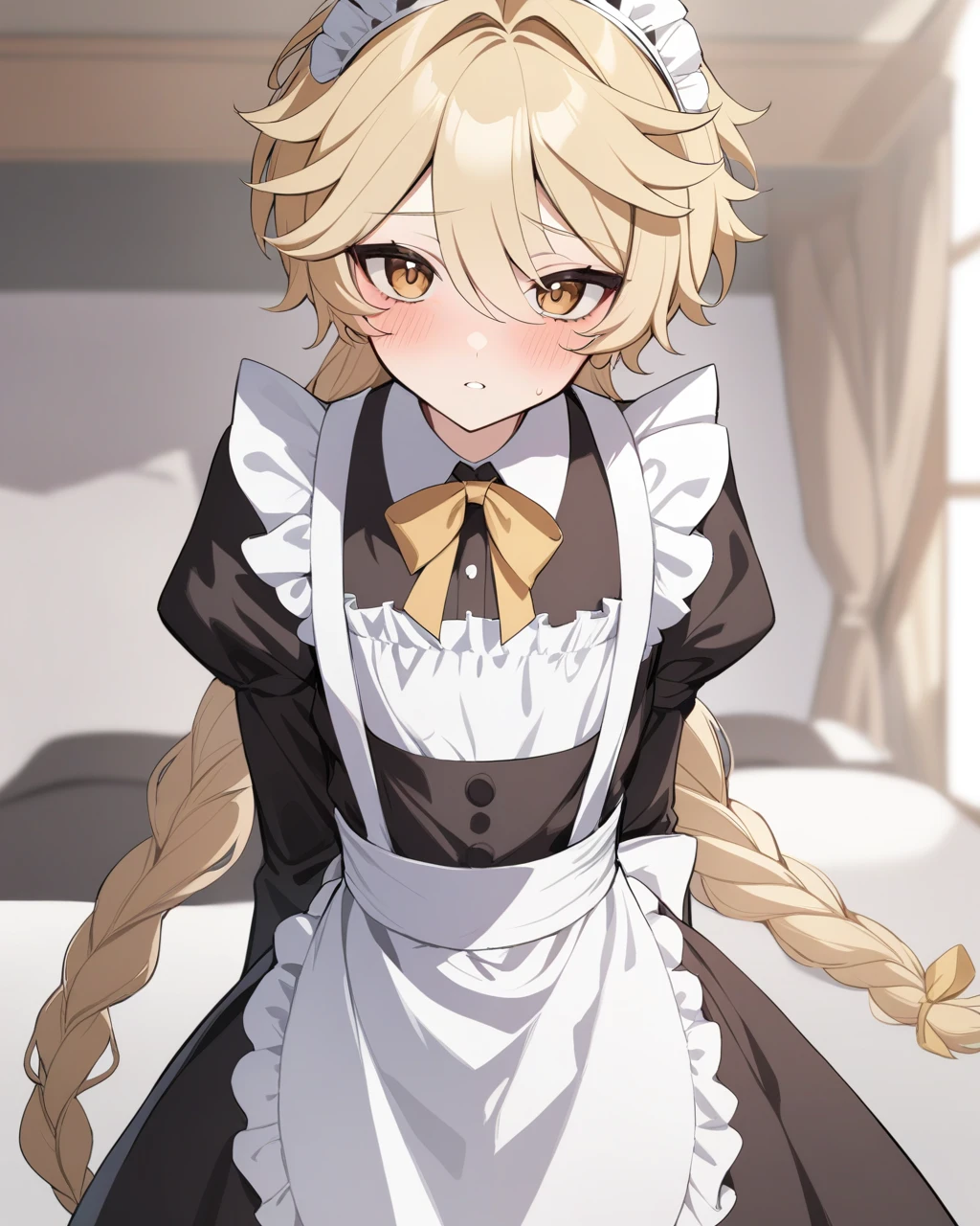 masterpiece,best quality,<lora:aether:1>,aether \(genshin impact\), 1boy, male focus, maid, crossdressing, maid headdress, apron, solo, blush, looking at viewer, maid apron, frills, dress, otoko no ko, alternate costume, ribbon, enmaided, long sleeves, puffy sleeves
