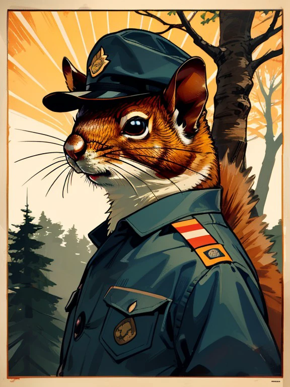 master piece, high quality, A squirrel, park ranger, wear a hat,  J_poster <lora:J_poster:0.8>