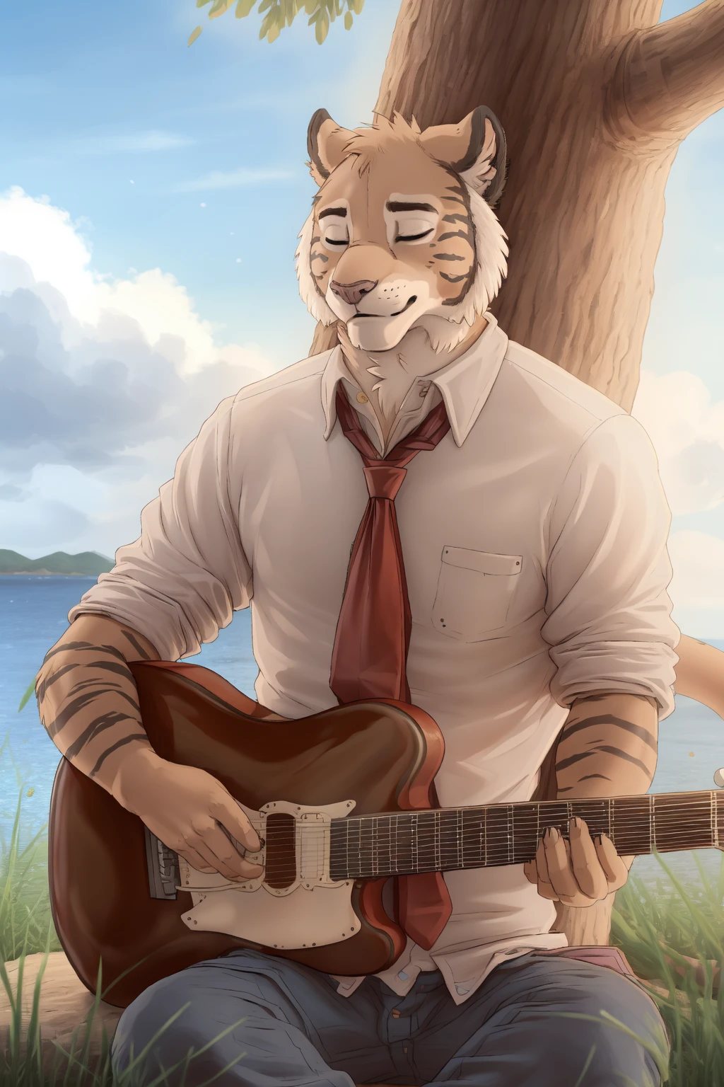 <lora:aiden-09:1>, aiden, orange eyes, tail, (posing:1.3), (soft shading), 4k, hi res, ((detailed face, detailed)), (full body), by zackarry911, by zaush, (by personalami:0.5), solo, looking at solo, smile, short hair, shirt, 1boy, holding, sitting, closed eyes, male focus, outdoors, necktie, sky, day, collared shirt, pants, cloud, tree, blue sky, facial hair, ocean, sleeping, grass, instrument, sleeves rolled up, music, guitar, body fur, playing instrument, whiskers, acoustic guitar